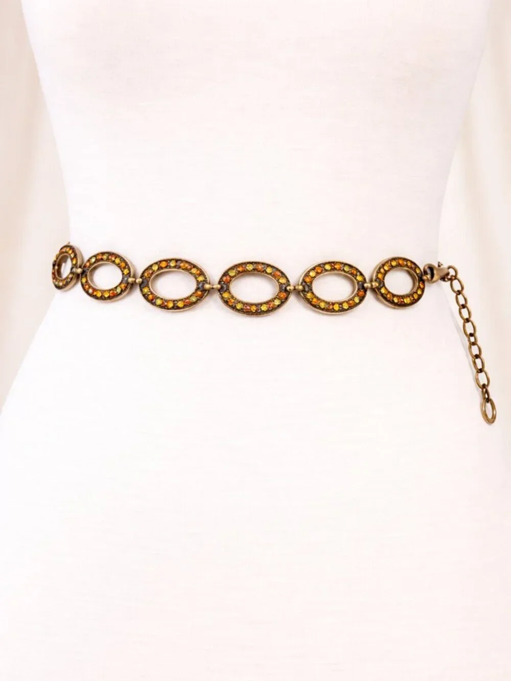 Vintage Oval Link Rhinestone Statement Belt Amber Brass Boho Western